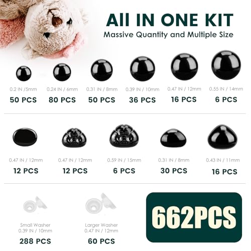 Junreox 662Pcs Safety Eyes and Noses for Amigurumi, Junreox Preimum 5-14mm Safety Eyes for Crochet Stuffed Animals, Assorted Plastic Crochet Craft Eyes with Washers for Teddy Bear, Dolls, Plushies Toys, Black - Image 2