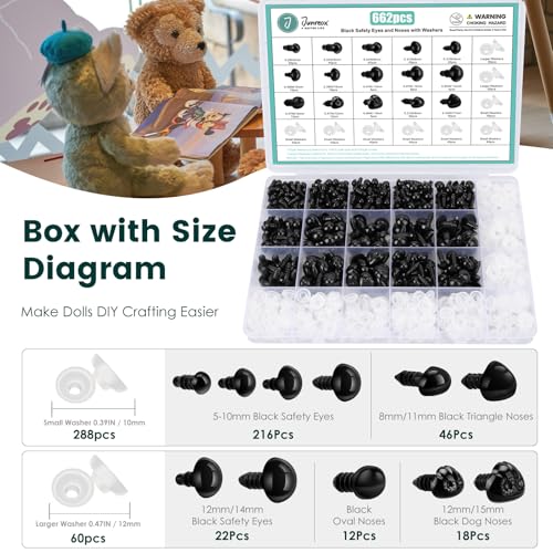 Junreox 662Pcs Safety Eyes and Noses for Amigurumi, Junreox Preimum 5-14mm Safety Eyes for Crochet Stuffed Animals, Assorted Plastic Crochet Craft Eyes with Washers for Teddy Bear, Dolls, Plushies Toys, Black - Image 5
