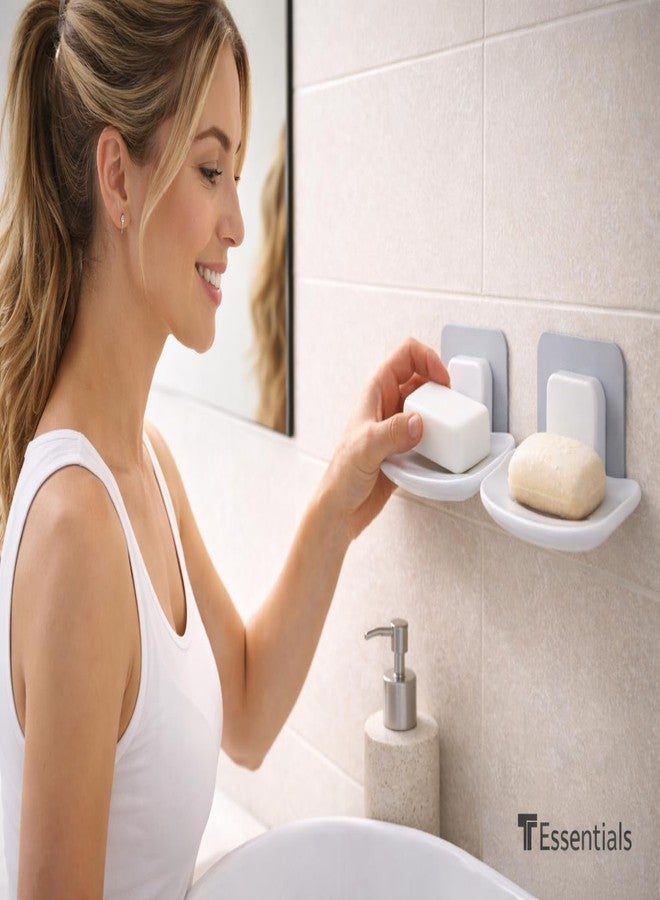 T ESSENTIALS Plastic Soap Dish Holder Self Adhesive Wall Mounted Sponge Holder | Heavy Duty Bathroom & Kitchen Storage Rack Soap Stand with Water Drainage Bathroom Accessories (White, Pack of 4) - Image 2