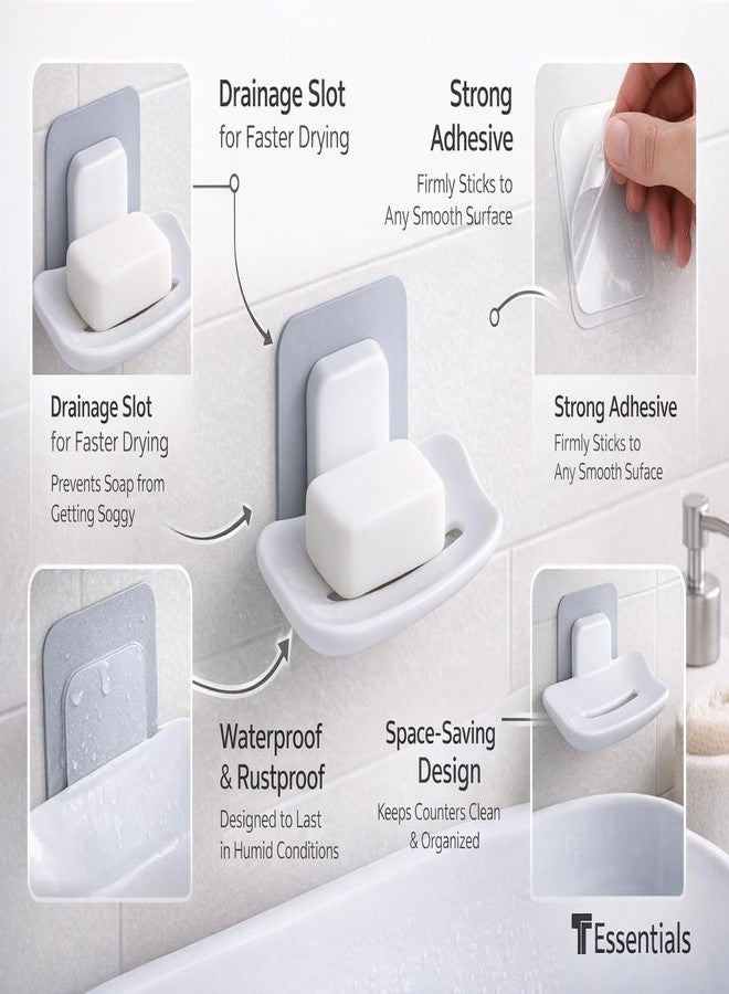 T ESSENTIALS Plastic Soap Dish Holder Self Adhesive Wall Mounted Sponge Holder | Heavy Duty Bathroom & Kitchen Storage Rack Soap Stand with Water Drainage Bathroom Accessories (White, Pack of 4) - Image 5