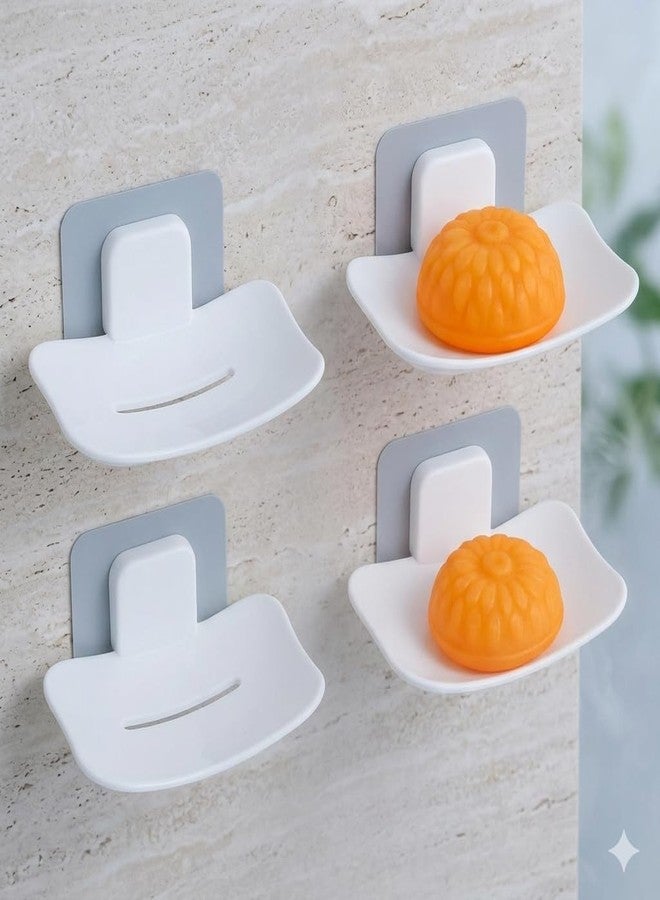 T ESSENTIALS Plastic Soap Dish Holder Self Adhesive Wall Mounted Sponge Holder | Heavy Duty Bathroom & Kitchen Storage Rack Soap Stand with Water Drainage Bathroom Accessories (White, Pack of 4) - Image 1