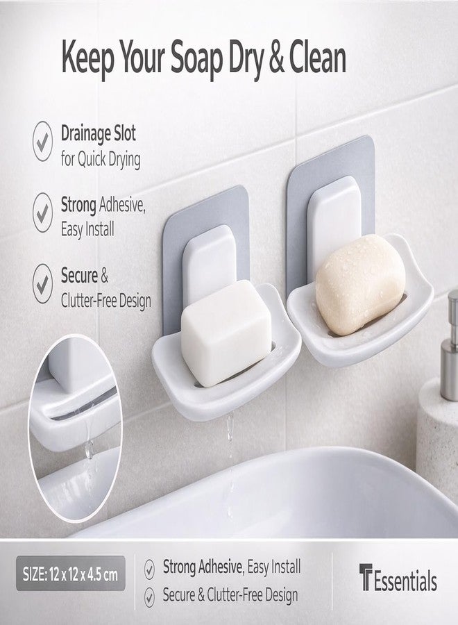T ESSENTIALS Plastic Soap Dish Holder Self Adhesive Wall Mounted Sponge Holder | Heavy Duty Bathroom & Kitchen Storage Rack Soap Stand with Water Drainage Bathroom Accessories (White, Pack of 4) - Image 4
