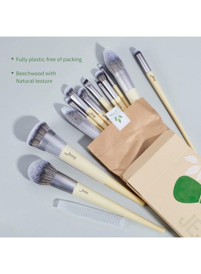 Jessup Vegan Makeup Brushes Set Premium Synthetic Powder Foundation Highlight Concealer Eyeshadow Blending Eyebrow Liner Spoolie Brush Set Burlywood 12pcs T327 - Image 4
