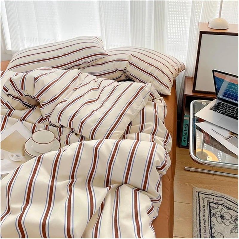 Bedding Pure Cotton Home Textile Blue Striped Bedding Set Simple Soft Duvet Cover Sheet Pillowcase for All Seasons(Color-05,Full Size 4pcs) - Image 1
