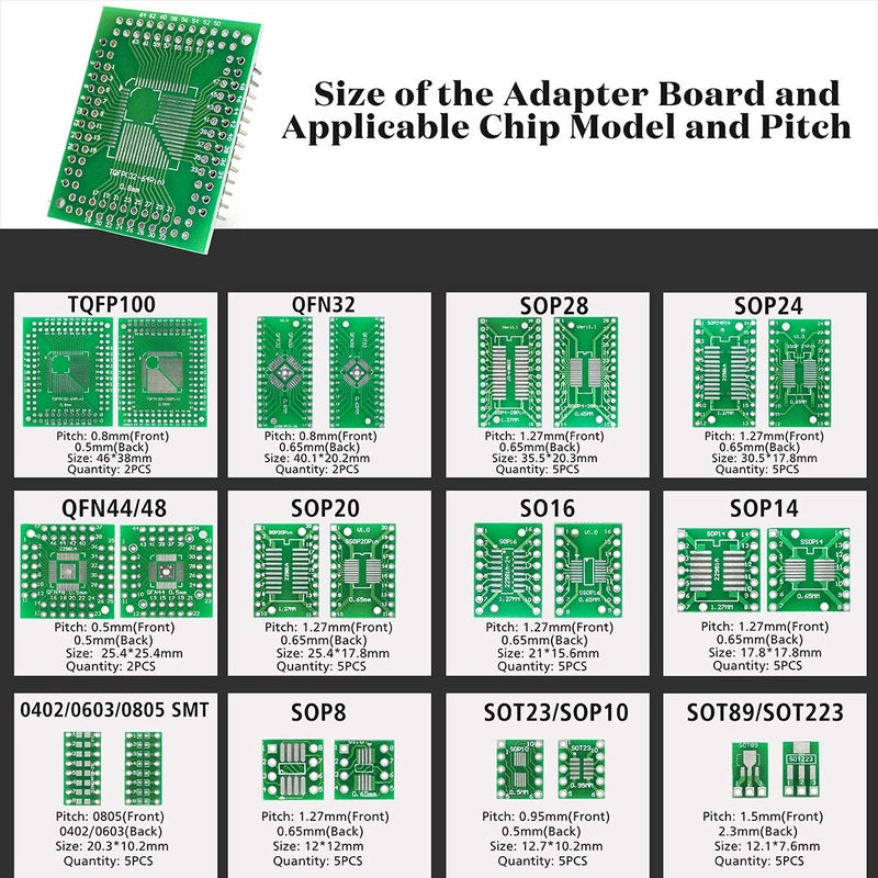 KeeYees 12 Types SMD to DIP Adapter PCB Proto Board Kit SOP8 SOP10 SOP14 SOP16 SOP20 SOP24 SOP28 0402/0603/0805 SMT SOT89/SOT223 TQFP100 QFN32 QFN44/48 with 40pcs 2.54mm Pin Header - Image 3