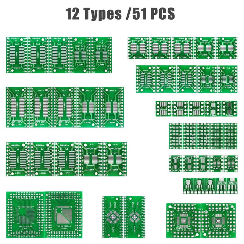 KeeYees 12 Types SMD to DIP Adapter PCB Proto Board Kit SOP8 SOP10 SOP14 SOP16 SOP20 SOP24 SOP28 0402/0603/0805 SMT SOT89/SOT223 TQFP100 QFN32 QFN44/48 with 40pcs 2.54mm Pin Header - Image 2