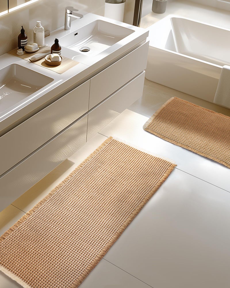 Furicher Large Waffle Bath Mat Set, Non Slip Bathroom Mat Set 2 Piece, Ultra Absorbent Bath Mats, Machine Washable Bath Rugs, Brown & White, 20"Ã—47" and 16"Ã—24" - Image 1
