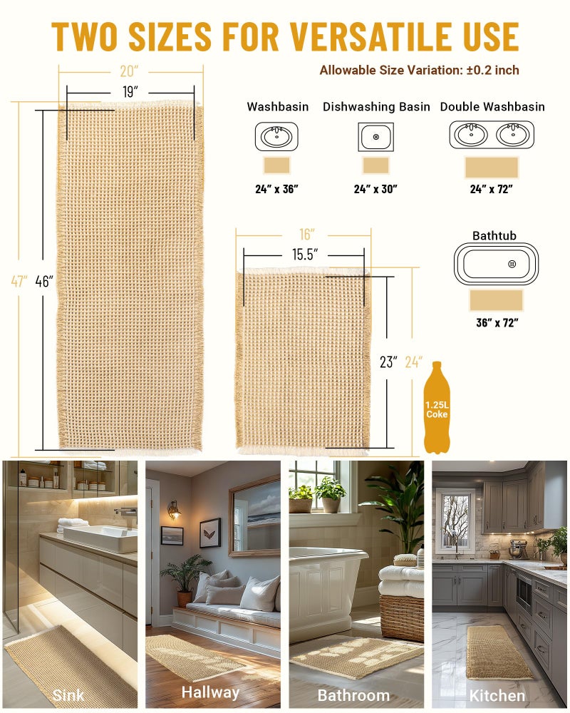 Furicher Large Waffle Bath Mat Set, Non Slip Bathroom Mat Set 2 Piece, Ultra Absorbent Bath Mats, Machine Washable Bath Rugs, Brown & White, 20"Ã—47" and 16"Ã—24" - Image 5