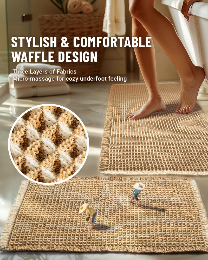 Furicher Large Waffle Bath Mat Set, Non Slip Bathroom Mat Set 2 Piece, Ultra Absorbent Bath Mats, Machine Washable Bath Rugs, Brown & White, 20"Ã—47" and 16"Ã—24" - Image 2