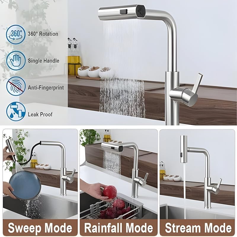 DREWIT STAR Waterfall Kitchen Faucet 3 in 1 360 Swivelling Waterfall Kitchen Tap with Pull Down Sprayer - Image 4