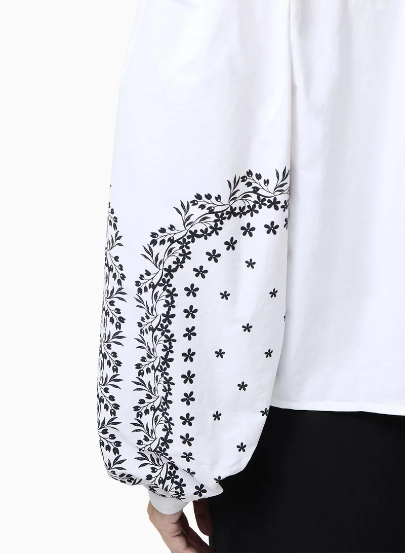 French Connection Cambria Cotton Floral Sleeve Tie Up Shirt