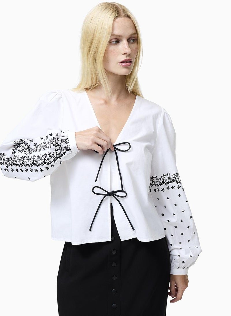 French Connection Cambria Cotton Floral Sleeve Tie Up Shirt - Image 1