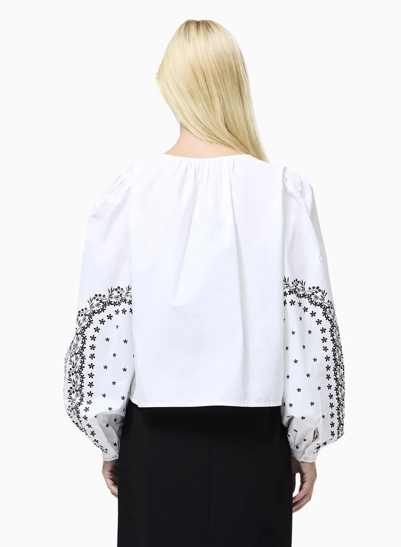 French Connection Cambria Cotton Floral Sleeve Tie Up Shirt