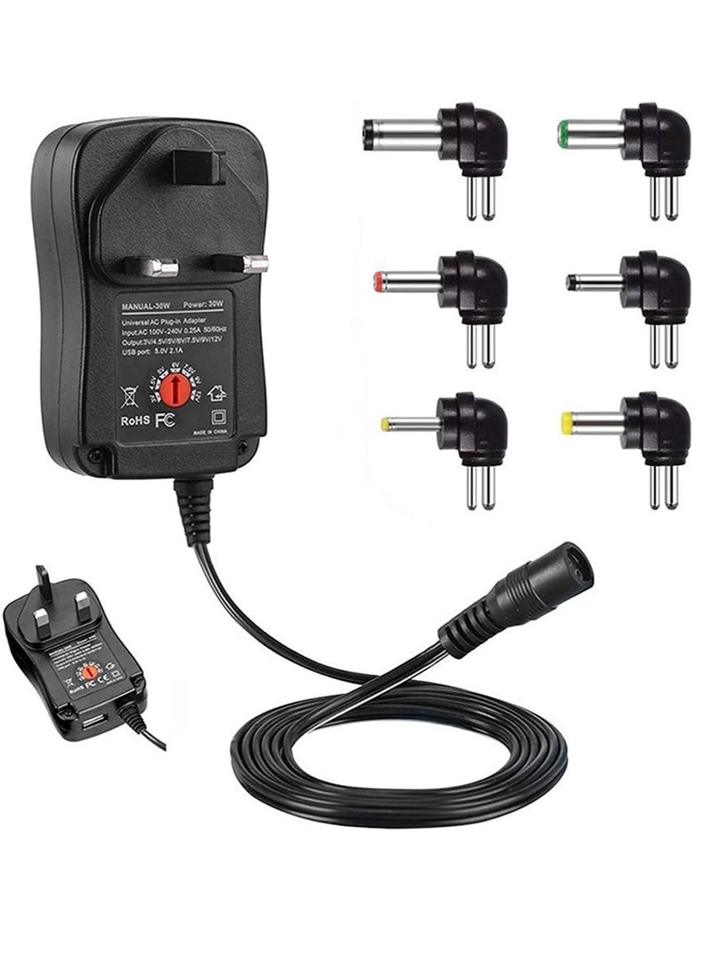 SYOSI 30W Universal Adapter Adjustable AC to DC 3-12V Adjustable Switching Power Supply with 6 Selectable Connector Tips & 5V USB Charger Ouput, 12V Regulated Voltage Replacement - Image 1