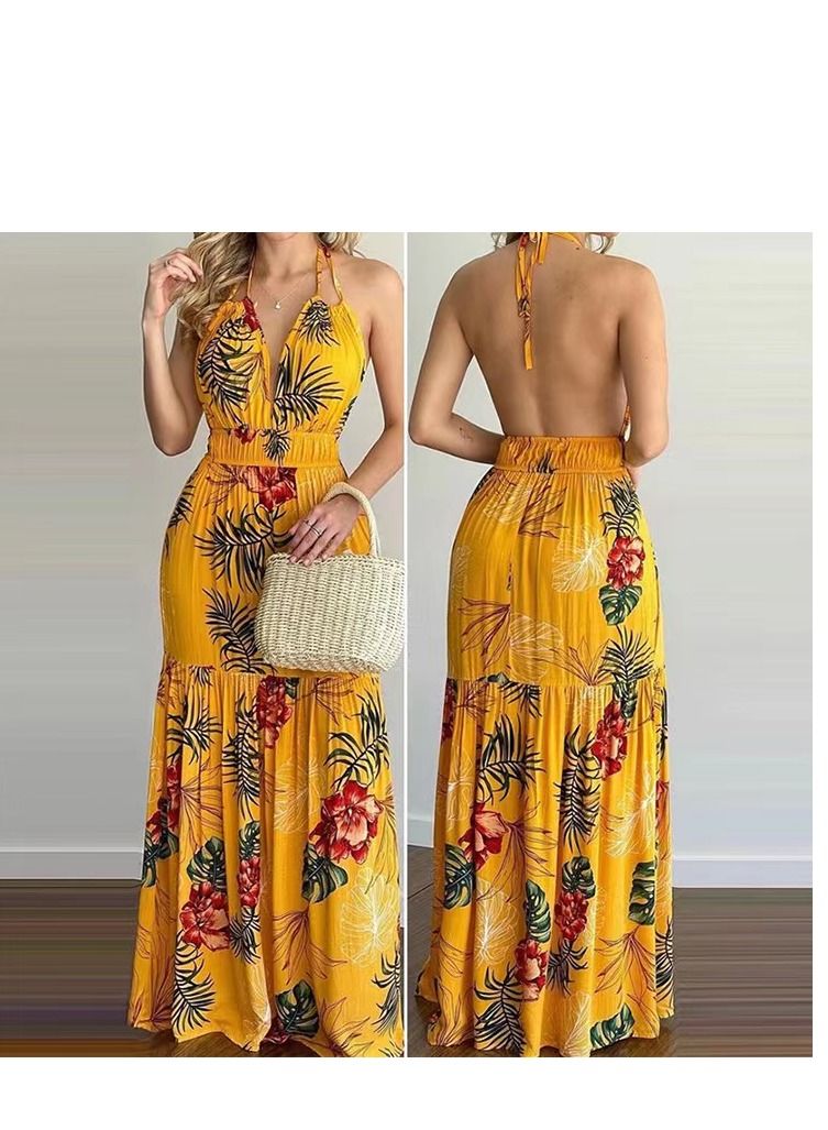 Loquat Summer's New Fashion Print Backless Dress 
