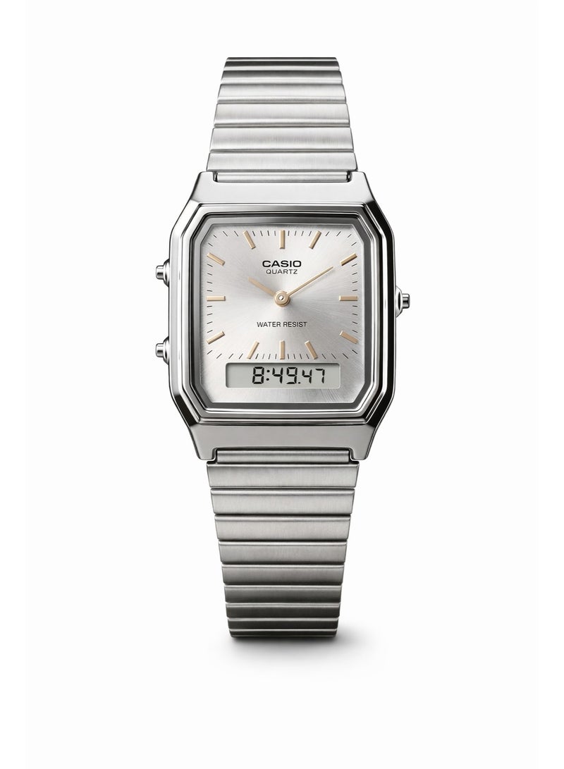 ساعة كاسيو كوارتز تناظرية-رقمية من الفولاذ المقاوم للصدأ باللون الفضي