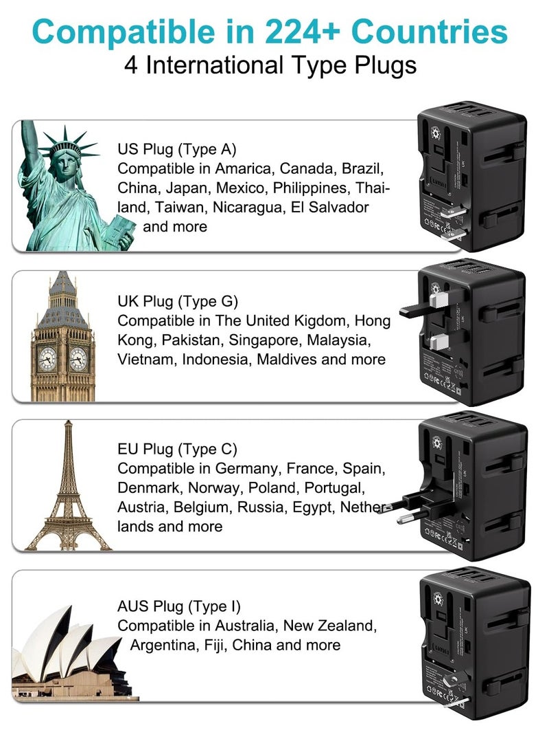 Universal Travel Adapter Worldwide, Travel Plug Adapter Worldwide with 2 USB C  2 USB Adaptor All in One International Travel Universal Charger Power Adapter for EU US UK AUS Multiple Countries - Image 2