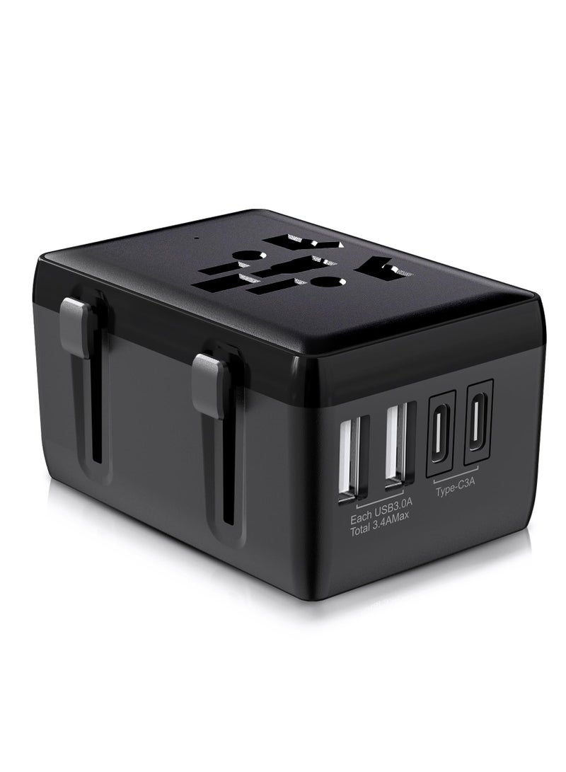 Universal Travel Adapter Worldwide, Travel Plug Adapter Worldwide with 2 USB C  2 USB Adaptor All in One International Travel Universal Charger Power Adapter for EU US UK AUS Multiple Countries - Image 1