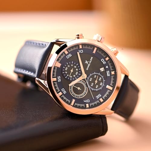 Daniel Klein Analog Black with Blue Round Dial Rose Gold Case Blue Leather Strap Chronograph Water-Resistant Wrist Watch for Men Boys DK.1.14291-2 - Image 3