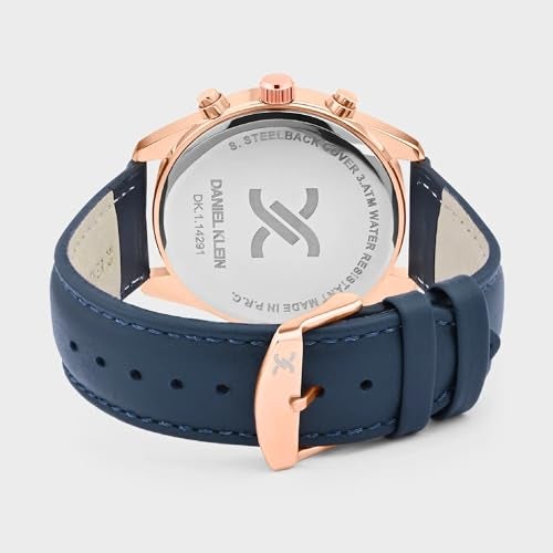 Daniel Klein Analog Black with Blue Round Dial Rose Gold Case Blue Leather Strap Chronograph Water-Resistant Wrist Watch for Men Boys DK.1.14291-2 - Image 5