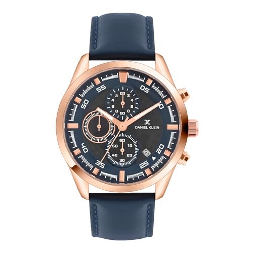 Daniel Klein Analog Black with Blue Round Dial Rose Gold Case Blue Leather Strap Chronograph Water-Resistant Wrist Watch for Men Boys DK.1.14291-2 - Image 1