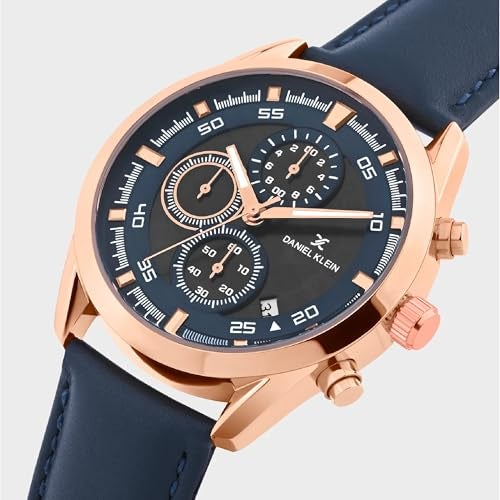 Daniel Klein Analog Black with Blue Round Dial Rose Gold Case Blue Leather Strap Chronograph Water-Resistant Wrist Watch for Men Boys DK.1.14291-2 - Image 2