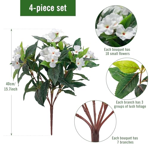 Uqueeten Fake Flowers Artificial Flowers for OutdoorWhite Artificial Impatiens Bouquet Flowers for OutdoorsSpring Flowers Artificial Impatiens Outdoor Silk Fake Flowers Indoor Decor 4pcsWhite - Image 3
