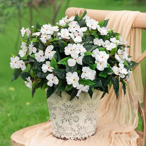 Uqueeten Fake Flowers Artificial Flowers for OutdoorWhite Artificial Impatiens Bouquet Flowers for OutdoorsSpring Flowers Artificial Impatiens Outdoor Silk Fake Flowers Indoor Decor 4pcsWhite - Image 1