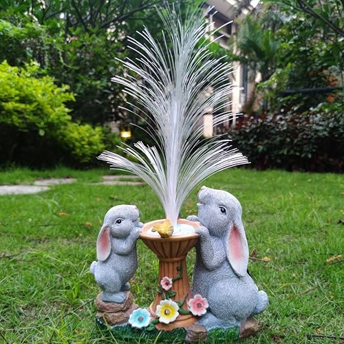 RCTTICUU Solar Rabbit Garden Statues Outdoor Decor with LED Lights, Resin Rabbits Figurine Lights Decorations Colour Changing Fiber Optical Light, Outside Lawn Decor for Yard, Unique Housewarming Gift - Image 2