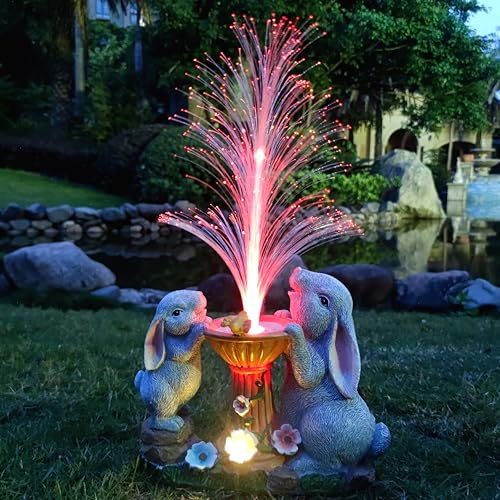 RCTTICUU Solar Rabbit Garden Statues Outdoor Decor with LED Lights, Resin Rabbits Figurine Lights Decorations Colour Changing Fiber Optical Light, Outside Lawn Decor for Yard, Unique Housewarming Gift - Image 1