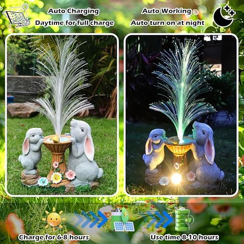 RCTTICUU Solar Rabbit Garden Statues Outdoor Decor with LED Lights, Resin Rabbits Figurine Lights Decorations Colour Changing Fiber Optical Light, Outside Lawn Decor for Yard, Unique Housewarming Gift - Image 4