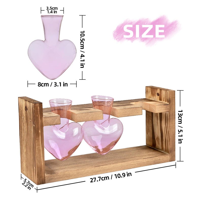 MTsigns Plant Terrarium Propagation Stations Hydroponics Home Garden Decoration Gift for Women with Wooden Stand Heart Shaped Colored Glass Vase - Image 4