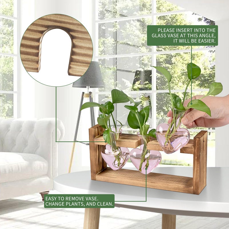 MTsigns Plant Terrarium Propagation Stations Hydroponics Home Garden Decoration Gift for Women with Wooden Stand Heart Shaped Colored Glass Vase - Image 2