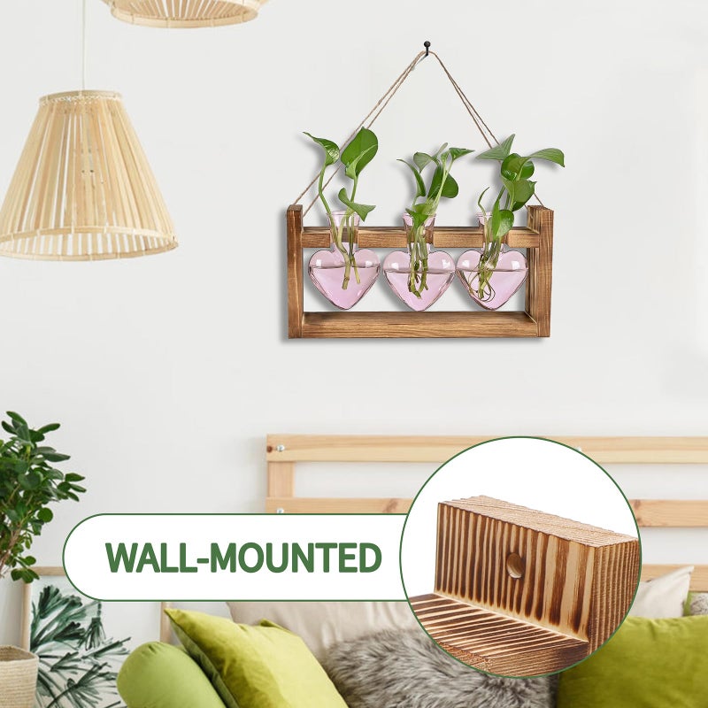 MTsigns Plant Terrarium Propagation Stations Hydroponics Home Garden Decoration Gift for Women with Wooden Stand Heart Shaped Colored Glass Vase - Image 3