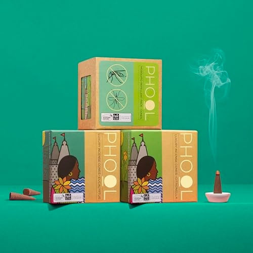 PHOOL LUXURY INCENSE Phool - Mosquito Repellent dhoop| Pack of 2 (80 Organic Dhoop Cones | 2 Fragrances- Citronella & Eucalyptus)+1 Free Ceramic Holder |Handrolled |Sulphur & Charcoal Free | 100% Organic (500 GMS) - Image 1