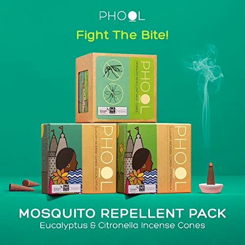 PHOOL LUXURY INCENSE Phool - Mosquito Repellent dhoop| Pack of 2 (80 Organic Dhoop Cones | 2 Fragrances- Citronella & Eucalyptus)+1 Free Ceramic Holder |Handrolled |Sulphur & Charcoal Free | 100% Organic (500 GMS) - Image 2