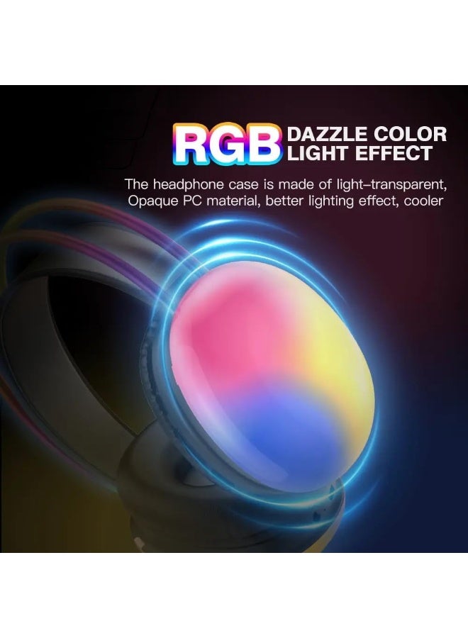 سماعات رأس PM860 بيضاء للألعاب مزودة بتقنية البلوتوث مع إضاءة USB 7.1 RGB LED مع 4 أوضاع وSD وسماعات رأس محيطة بخاصية إلغاء الضوضاء   شاحن بمنفذ AUX من النوع C يعمل لمدة 10 ساعات