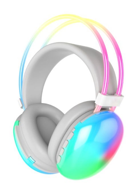 PM860 White Bluetooth Gaming Headphones with USB 7.1 RGB LED Lighting with 4 Modes, SD and Noise Canceling Surround Headphones   AUX Port Type-C Charger , works for 10 hours