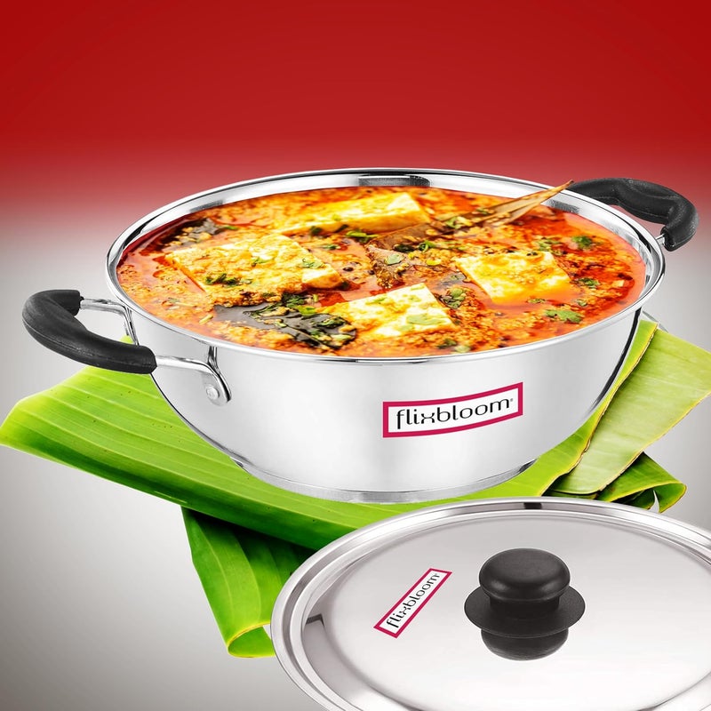 FLIXBLOOM FLIXBLOOM Shine Special Kitchen Cookware Induction Gas Stove Compatible Cooking Kadai Encapsulated Triply SAS Bottom Kadhai Kadai with Lid 45 Litre Kadai - Image 1