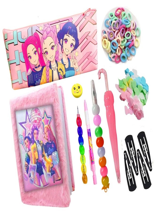 Krisus Kpopp Deemonn Hunterr Girls Cute Stationery & Accessories Combo Set – Cartoon Pencil Case, Notebook, Decorative Pens, Hair Bands & Clips | Kids School Supplies Gift Hamper