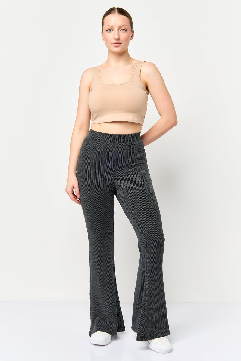 MONKI Women Regular Fit Ribbed Flare Leg Pants, Grey - Image 2