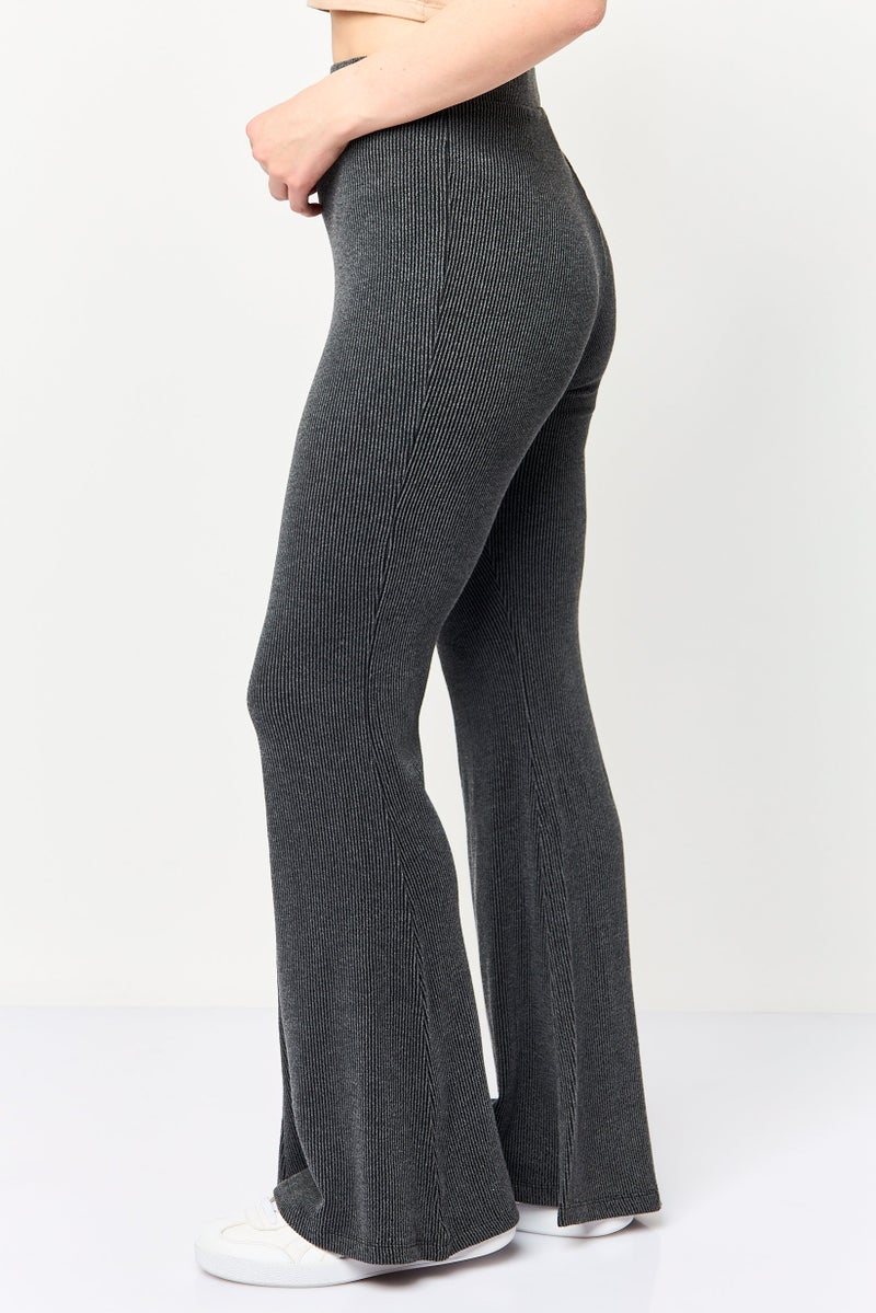 MONKI Women Regular Fit Ribbed Flare Leg Pants, Grey - Image 3