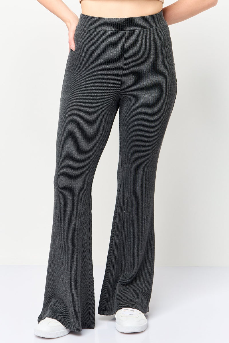 MONKI Women Regular Fit Ribbed Flare Leg Pants, Grey - Image 1