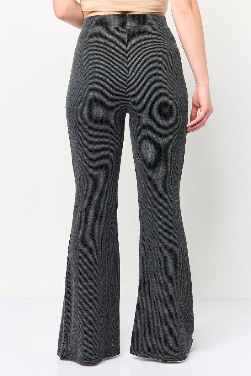 MONKI Women Regular Fit Ribbed Flare Leg Pants, Grey - Image 4