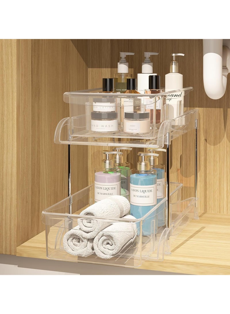 TOMSHOO منظم رفوف خزانة، رف تخزين موفر للمساحة لطاولة المطبخ، مخزن، خزانة حمام، تحت الحوض، طاولة مكتب، فولاذ قابل للتكديس، مقاوم للصدأ، شديد التحمل، غير قابل للانزلاق، أبيض (بلاستيك، قطعة واحدة) - Image 1