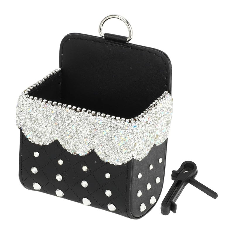 HOPESPANNER Universal Car Trash Can with Rhinestones - Black and White Faux Leather - Image 1