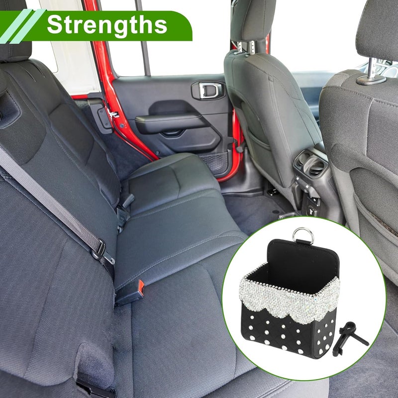 HOPESPANNER Universal Car Trash Can with Rhinestones - Black and White Faux Leather - Image 3
