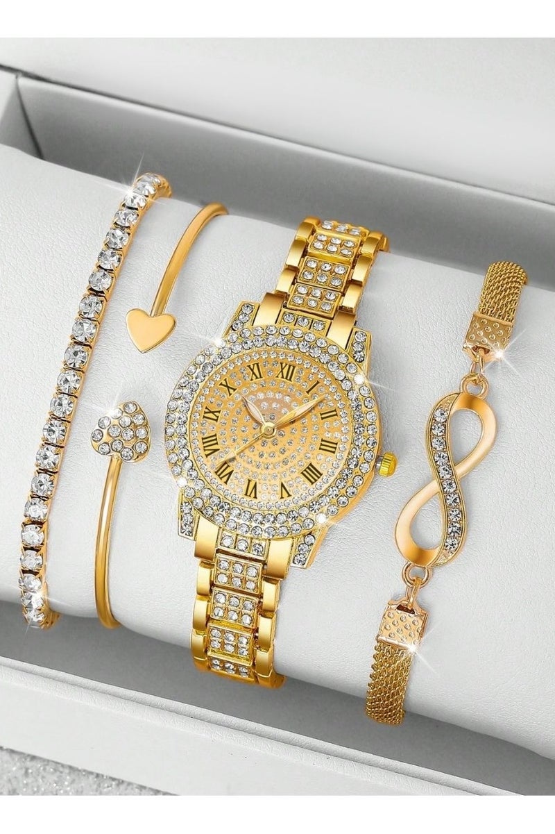 Women's accessory set consisting of 4 pieces, includes a watch and 3 gold-colored bracelets. The set is adorned with sparkling rhinestones, making it suitable as a gift for graduations, birthdays, Valentine's Day, engagements, and all special occasions  - Image 2
