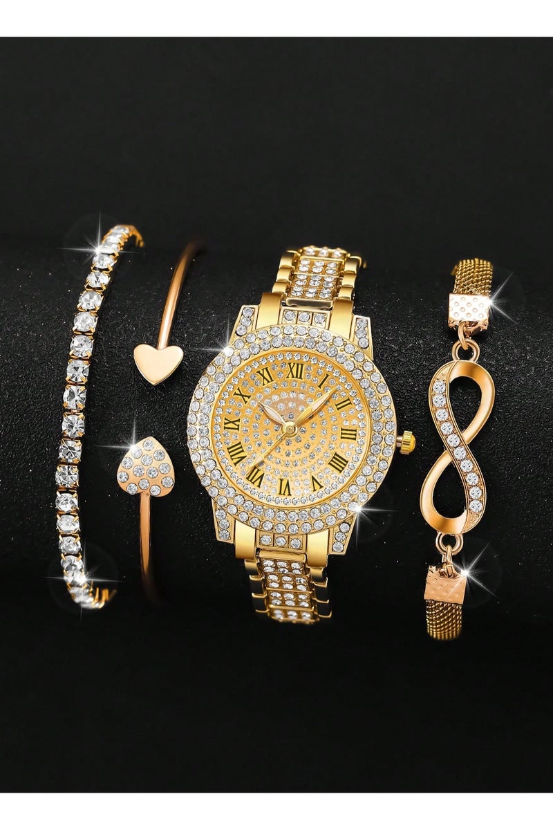 Women's accessory set consisting of 4 pieces, includes a watch and 3 gold-colored bracelets. The set is adorned with sparkling rhinestones, making it suitable as a gift for graduations, birthdays, Valentine's Day, engagements, and all special occasions  - Image 3