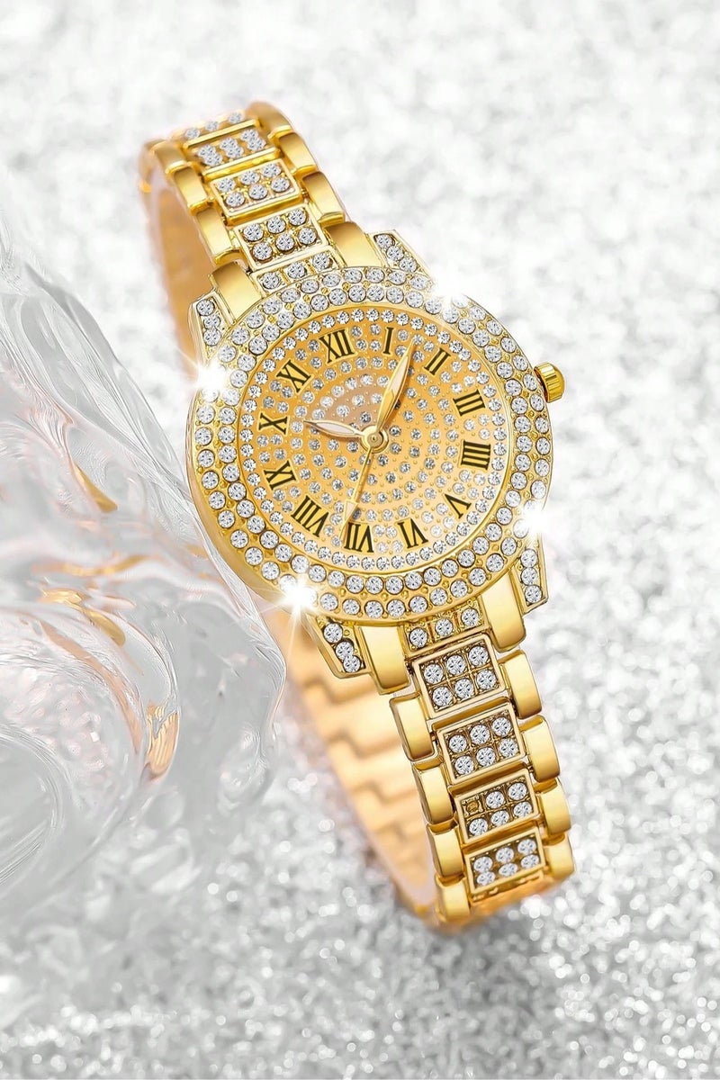 Women's accessory set consisting of 4 pieces, includes a watch and 3 gold-colored bracelets. The set is adorned with sparkling rhinestones, making it suitable as a gift for graduations, birthdays, Valentine's Day, engagements, and all special occasions  - Image 4